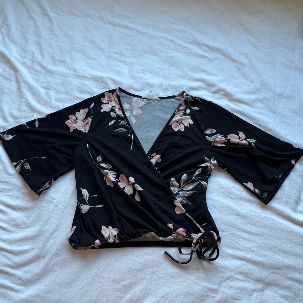Black and Pink Floral Wrap Blouse with Bell Sleeves